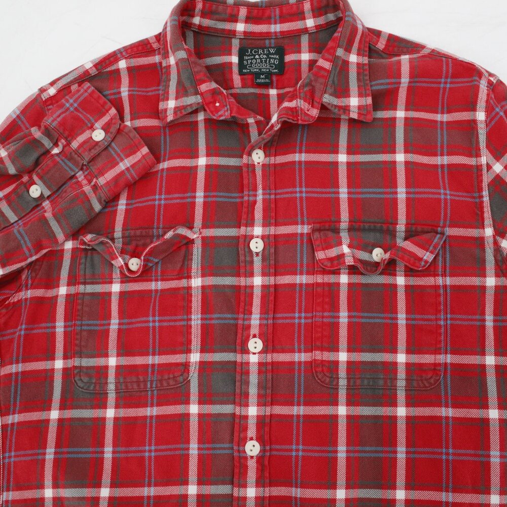 J Crew Shirt Mens Medium Flannel Button Up Long Sleeve Red Plaid Cotton sporting